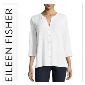 Eileen Fisher 100% Cotton 3/4 Sleeve Button Front Top White Size L